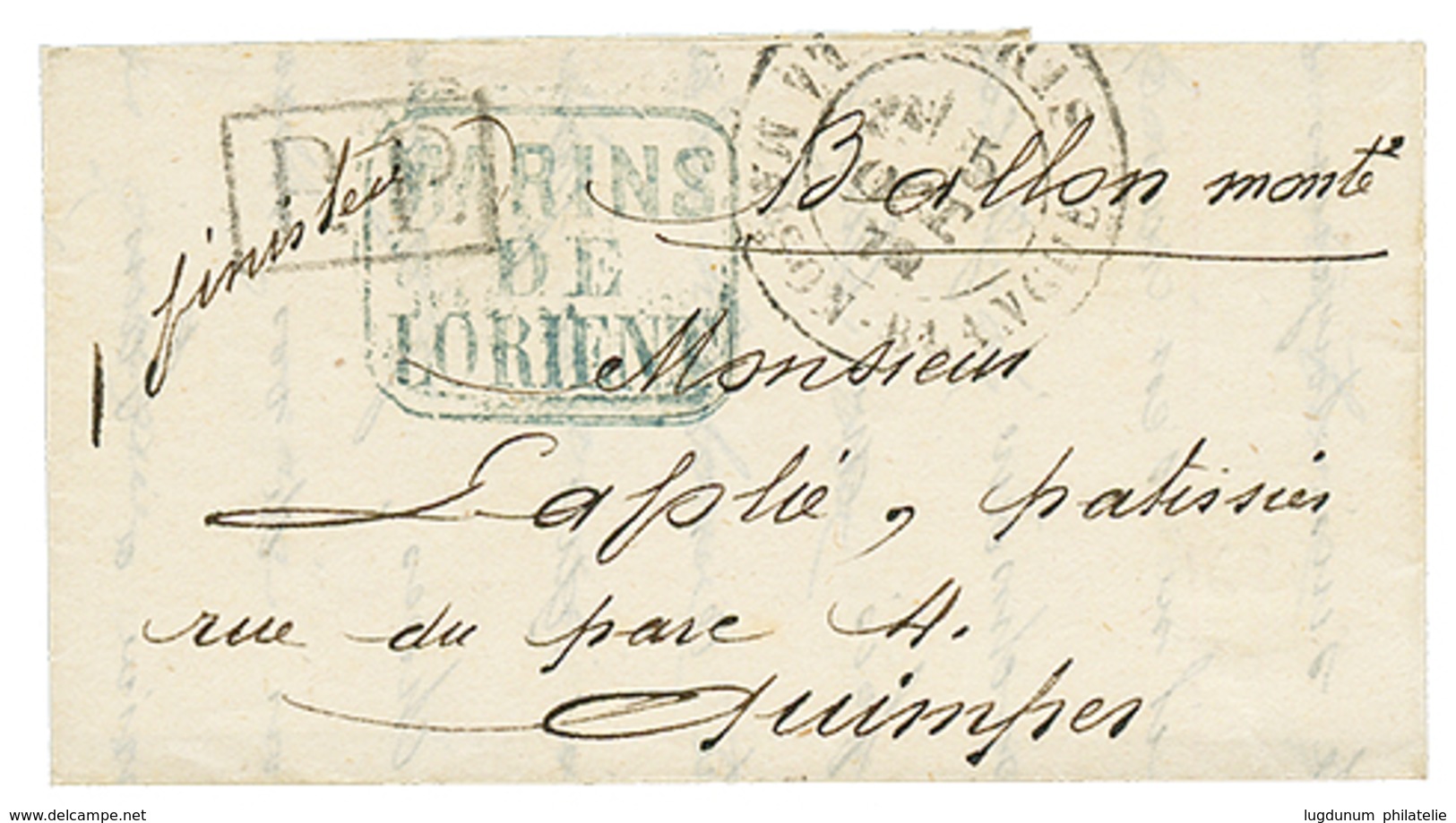 BALLON MONTE : MARINS DE LORIENT Encadré + P.P + PARIS 5 Oct 70 Sur Lettre Par "BALLON MONTE" Pour QUIMPER (17 Oct 70).  - Guerra Del 1870