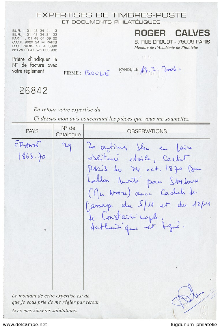 "BALLON MONTE Pour SAMSOUN" : 1870 Paire 20c(n°29) Obl. Etoile + PARIS 24 Oct 70 + "3 Gramme - Par BALLON MONTE" Manuscr - Guerra De 1870