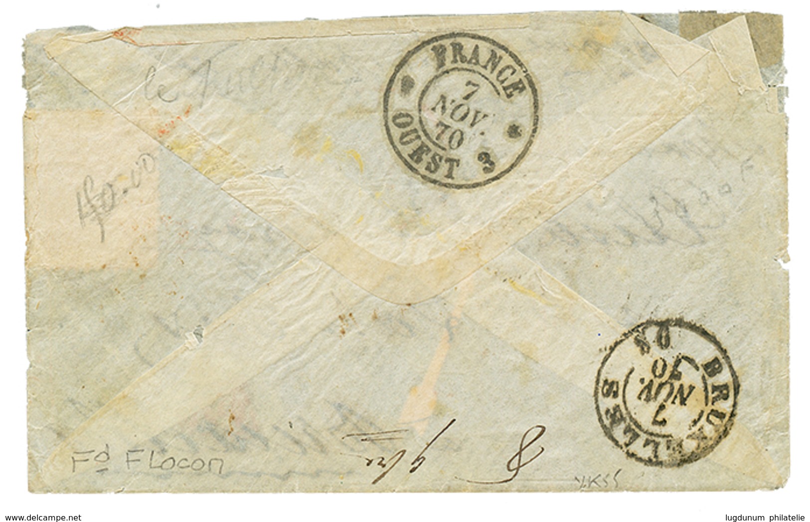 1870 30c(n°31) Obl. PARIS SC 2 Nov 70 Rouge + Cachet De Passage NANTES 5 Nov 70 (cote +950€) Sur Enveloppe Pour BRUXELLE - Guerra Del 1870