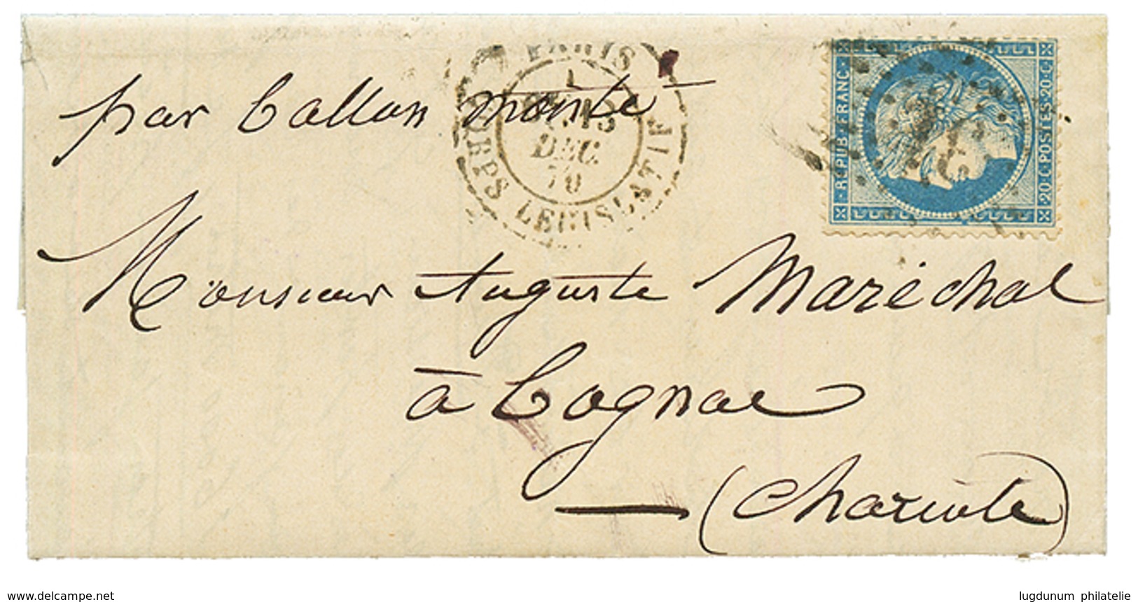 BALLON "LA VILLE DE PARIS" : 20c(n°37) Obl. Etoile + PARIS 13 Dec 70 Sur Lettre Pour COGNAC. TB Texte. Sans Arrivée. Cot - Guerra Del 1870