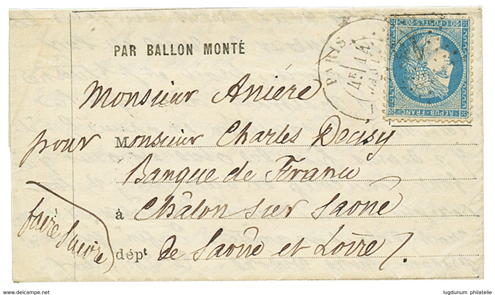 BALLON "LE VAUCANSON" : 20c(n°37) Obl. Etoiloe + PARIS 14 JANV 71 Sur Lettre Avec Texte Pour CHALON SUR SAONE (arrivée 2 - Guerra De 1870