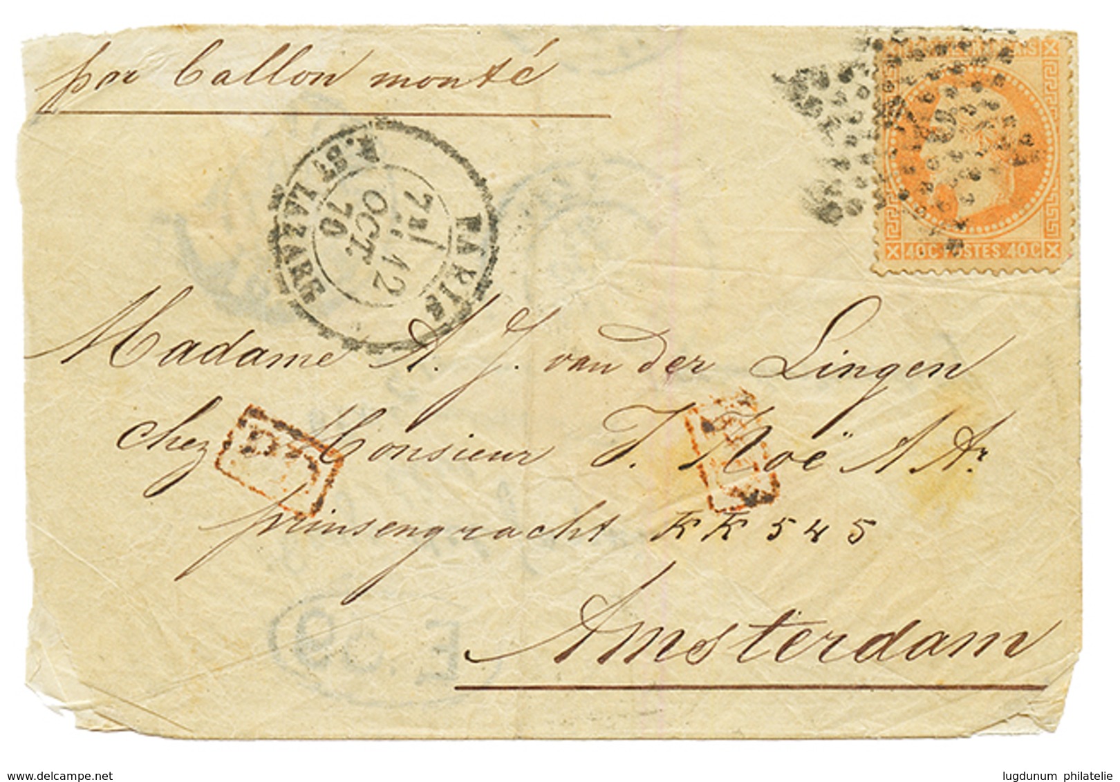 BALLON MONTE Pour Les PAYS-BAS : 1870 40c(n°31) Pd + PARIS 12 Oct 70+ "PAR BALLON MONTE" Sur Enveloppe Pour AMSTERDAM (a - Guerra De 1870