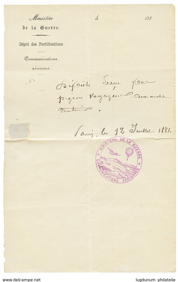 DEPECHE PAR PIGEON" : 1881 Cachet Rare MINISTERE DE LA GUERRE COMMUNICATIONS AERIENNES En Violet Sur Document "DEPECHE R - Guerra De 1870