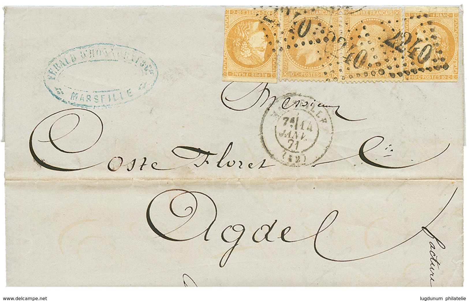 1871 2 Ex. Du 10c BORDEAUX(n°43) + 2 Ex. Du 10c EMPIRE(n°28) Sur Lettre De MARSEILLE. Des Défauts, Mais Combinaison Exce - 1870 Emisión De Bordeaux