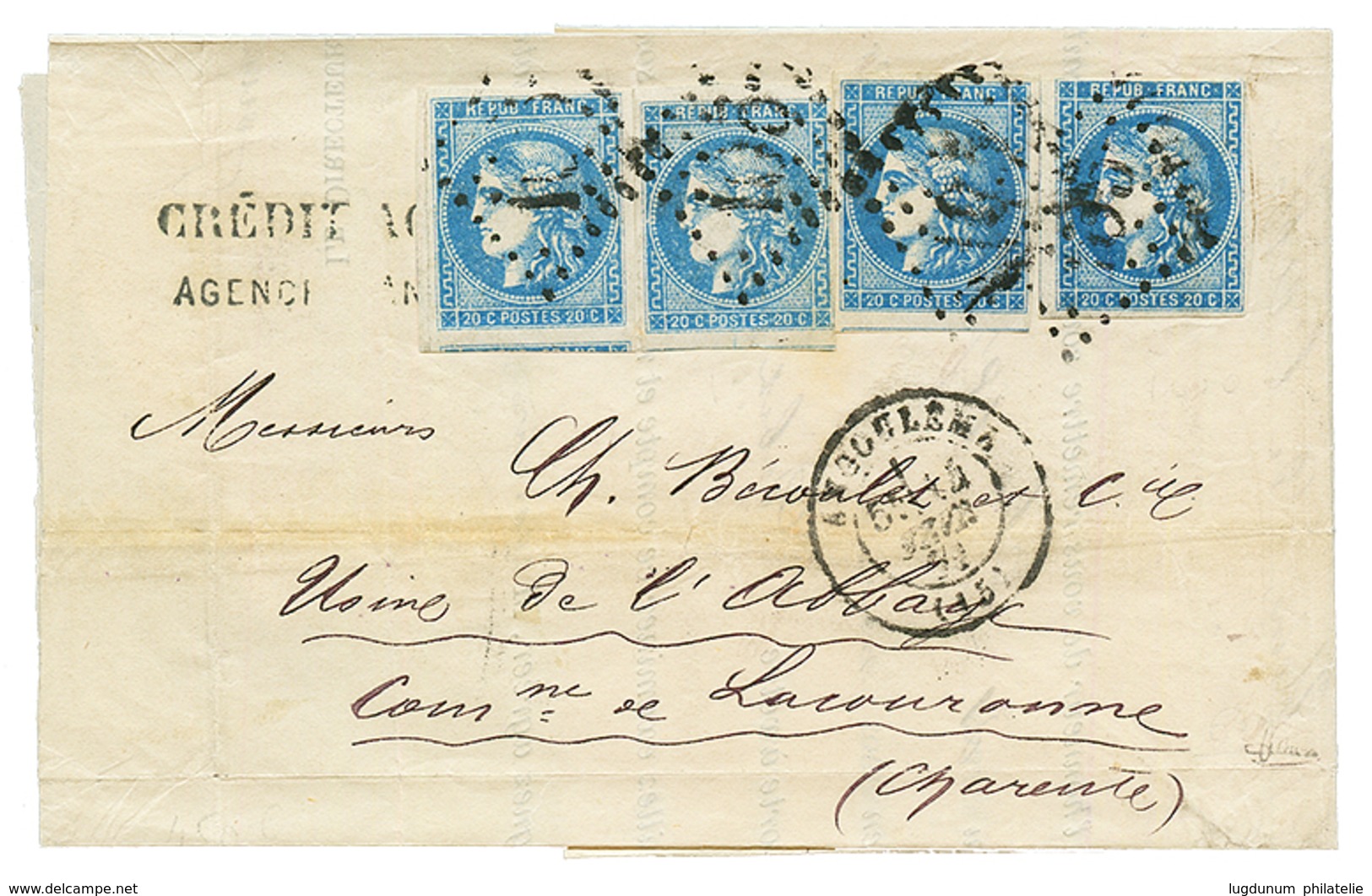 1871 4 Exemplaires Du 20c BORDEAUX (1 Ex. Pd) Sur Lettre D' ANGOULEME. Signé BRUN. TB. - 1870 Emisión De Bordeaux