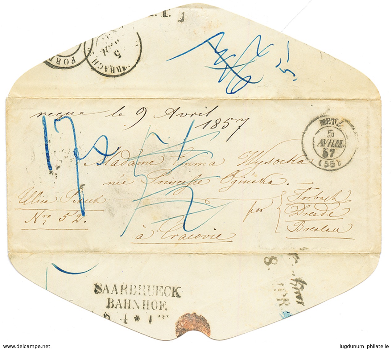 1857 T.15 METZ Sur Envelope Avec Nombreuses Taxes Pour CRACOVIE (POLOGNE). Superbe. - 1849-1876: Periodo Clásico