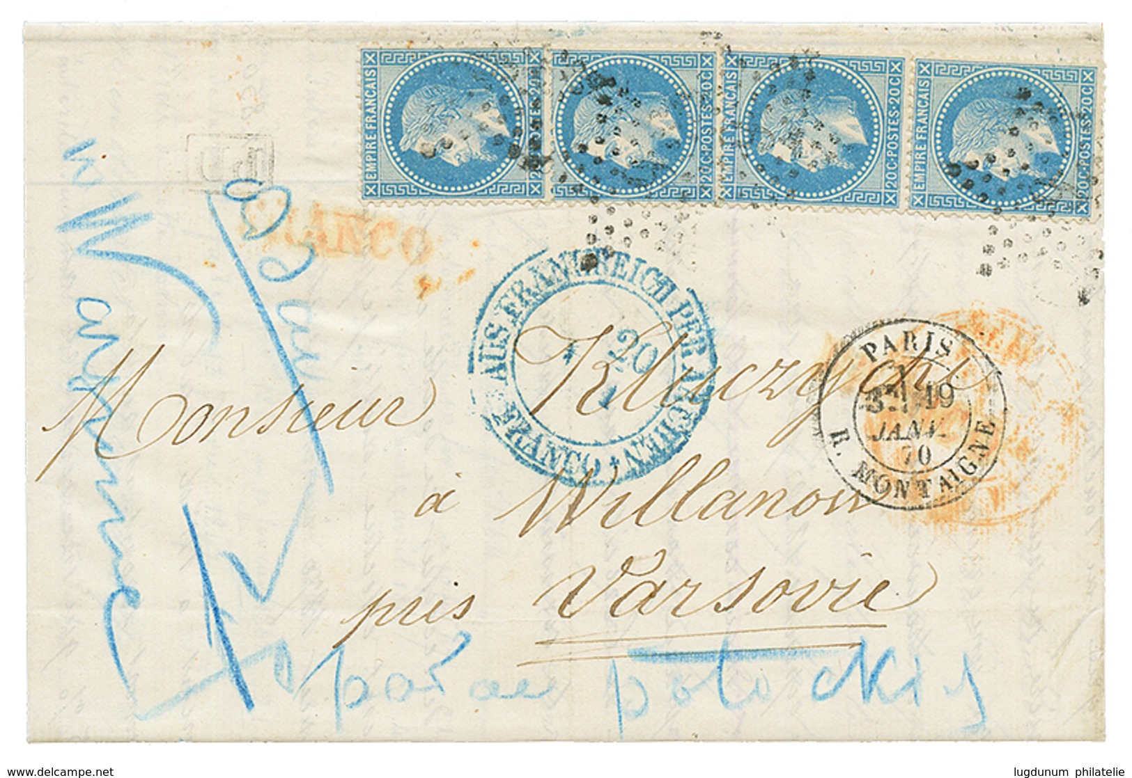 "Affrt à 80c" : 1870 20c (n°29)x4 Sur Lettre De PARIS Pour VARSOVIE (POLOGNE). Superbe. - 1849-1876: Periodo Clásico