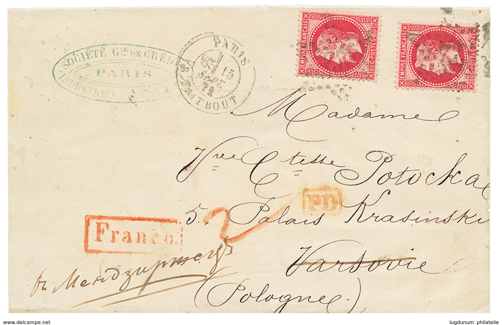 "Affrt à 1F60c" : 1871 80c EMPIRE (n°32)x2 Sur Lettre De PARIS Pour VARSOVIE (POLOGNE). Superbe. - 1849-1876: Periodo Clásico