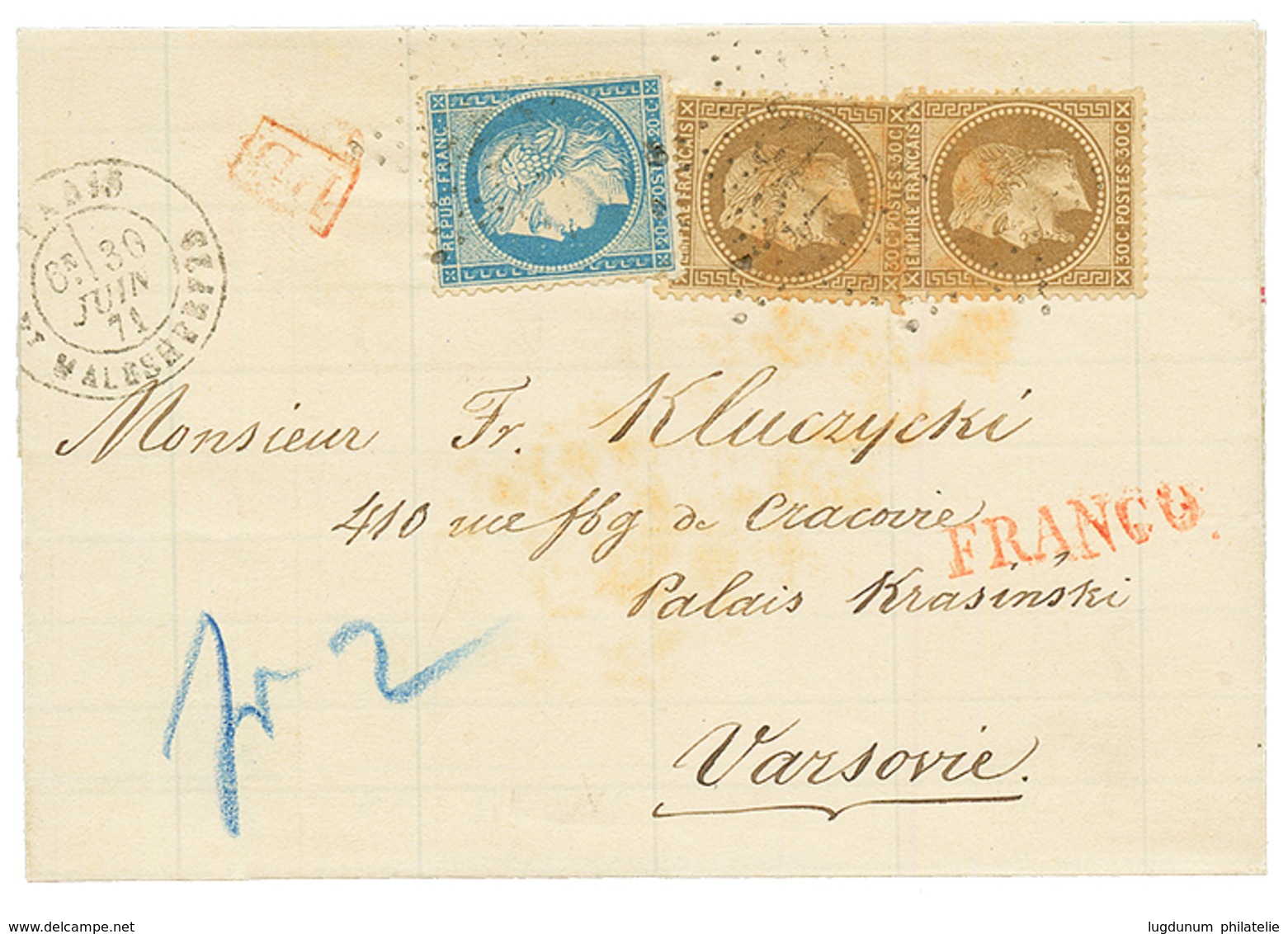 "Affrt à 80c" : 1871 30c EMPIRE (n°30)x2 + 20c SIEGE (n°37) Sur Lettre De PARIS Pour VARSOVIE (POLOGNE). TTB. - 1849-1876: Periodo Clásico
