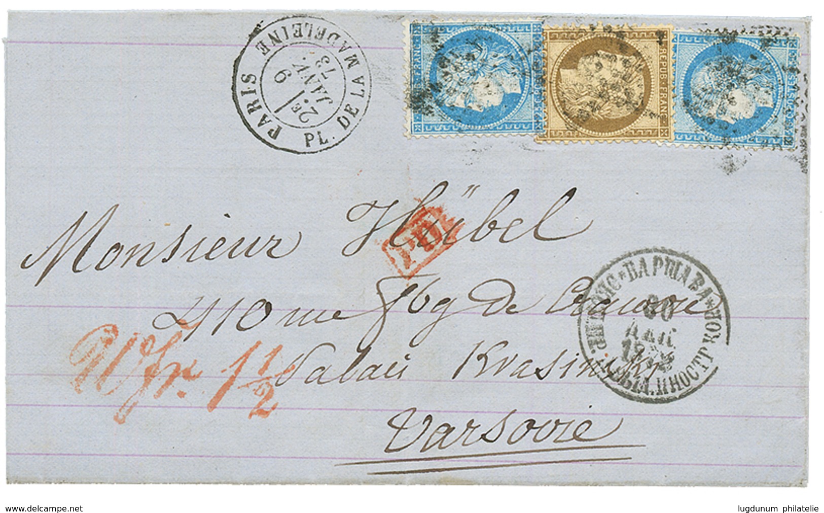 "Affrt à 80c" : 1873 CERES 25c(x2) + 30c Sur Lettre De PARIS + Wfr.1 1/2 Rouge Pour VARSOVIE (POLOGNE). TTB. - 1849-1876: Periodo Clásico
