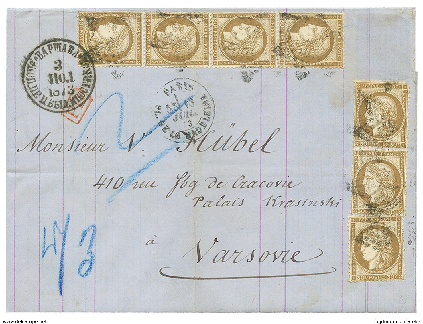 "Affrt à 2F10" : 1873 CERES 30c (x7) Sur Lettre De PARIS Pour VARSOVIE (POLOGNE). 1 Timbre Pd. Affranchissement Rare. TT - 1849-1876: Periodo Clásico