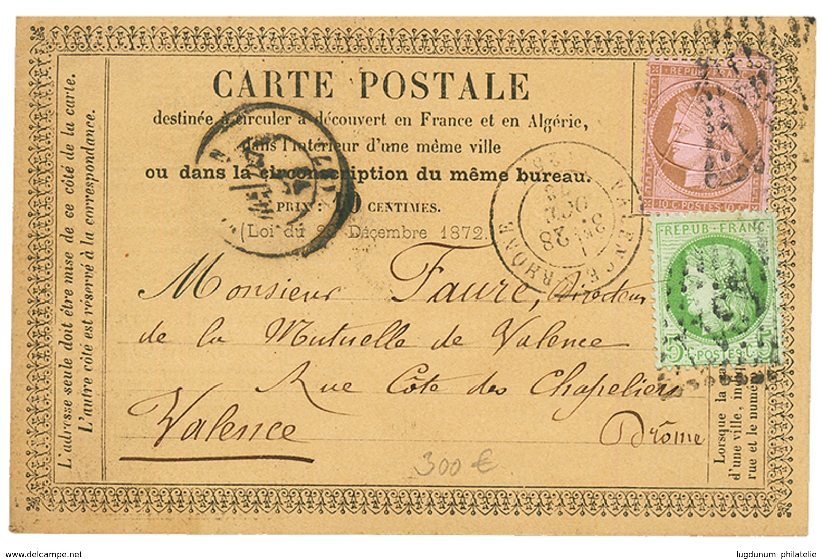 1875 CERES 10c Entaille "CA" + 5c Obl. GC 4317 + VOIRON Sur CARTE PRECURSEUR Avec Publicité Imprimée Au Verso (TORD BOYA - 1871-1875 Ceres