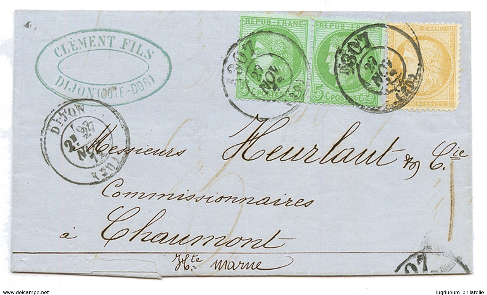 1872 CERES 5c + 15c Obl. Bureau De PASSE 1307 + T.24 DIJON Sur Lettre Pour CHAUMONT. TTB. - 1871-1875 Ceres