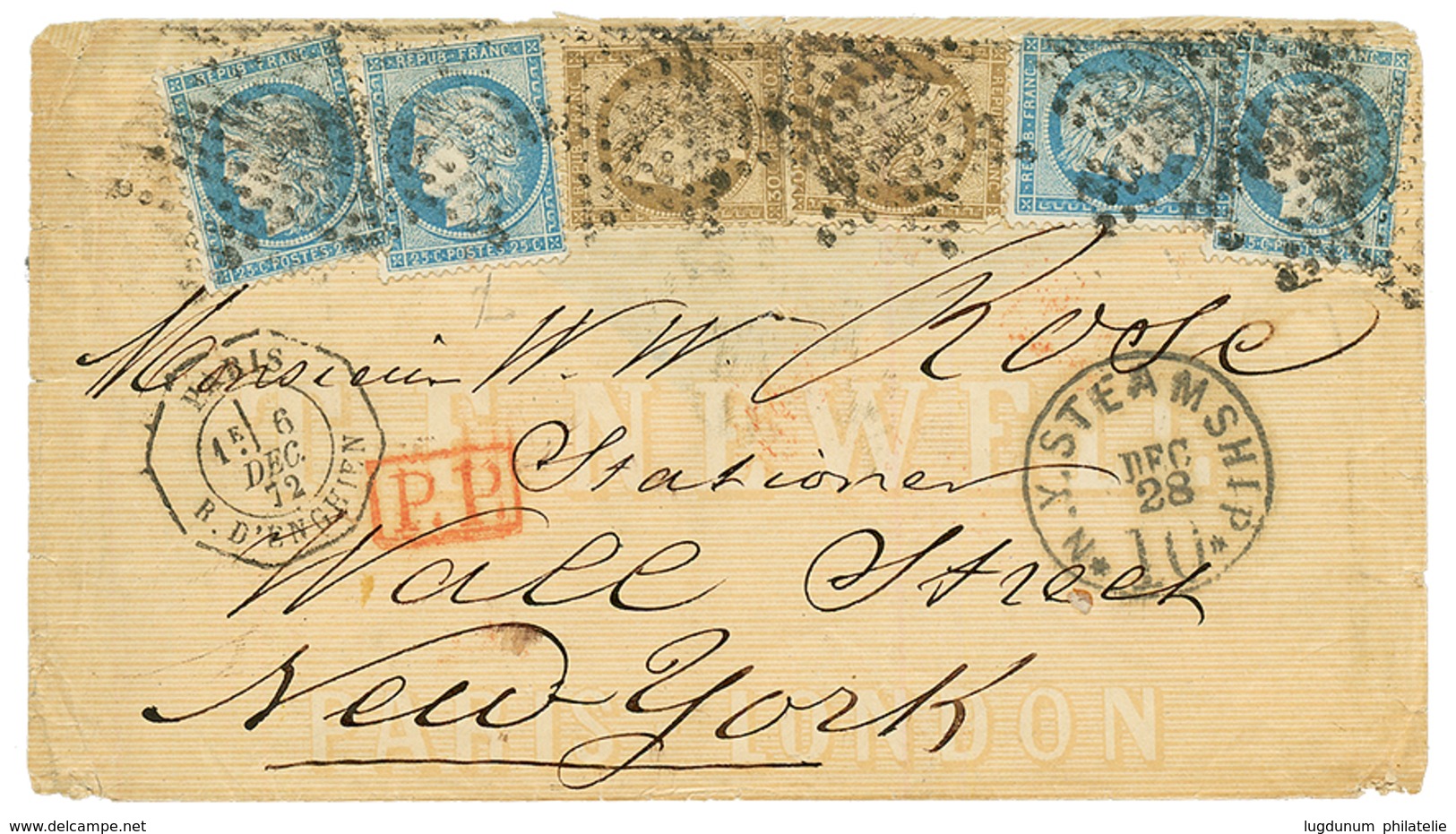 1872 25c CERES (x4) + 30c CERES (x2) Obl. Etoile + LEVEE EXCEPTIONNELLE PARIS/E1 Sur Enveloppe Pour NEW_YORK (USA). RARE - 1871-1875 Ceres
