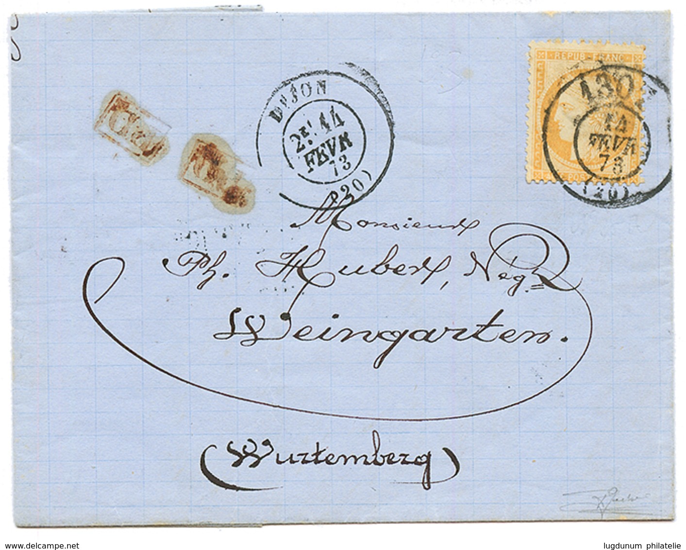 1873 40c SIEGE (n°38) Obl. Bureau De PASSE 1307 + T.24 DIJON Sur Lettre Pour WEINGARTEN (WURTEMBERG). TTB. - 1871-1875 Ceres