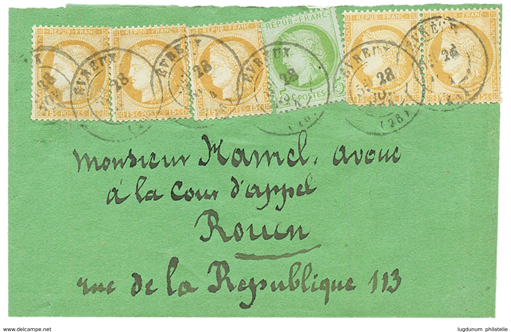 1874 CERES 5c + 15c (x5) Obl. T.24 EVREUX Sur BANDE D' IMPRIME Pour ROUE. Affrt à 1F40. TTB. - 1871-1875 Ceres
