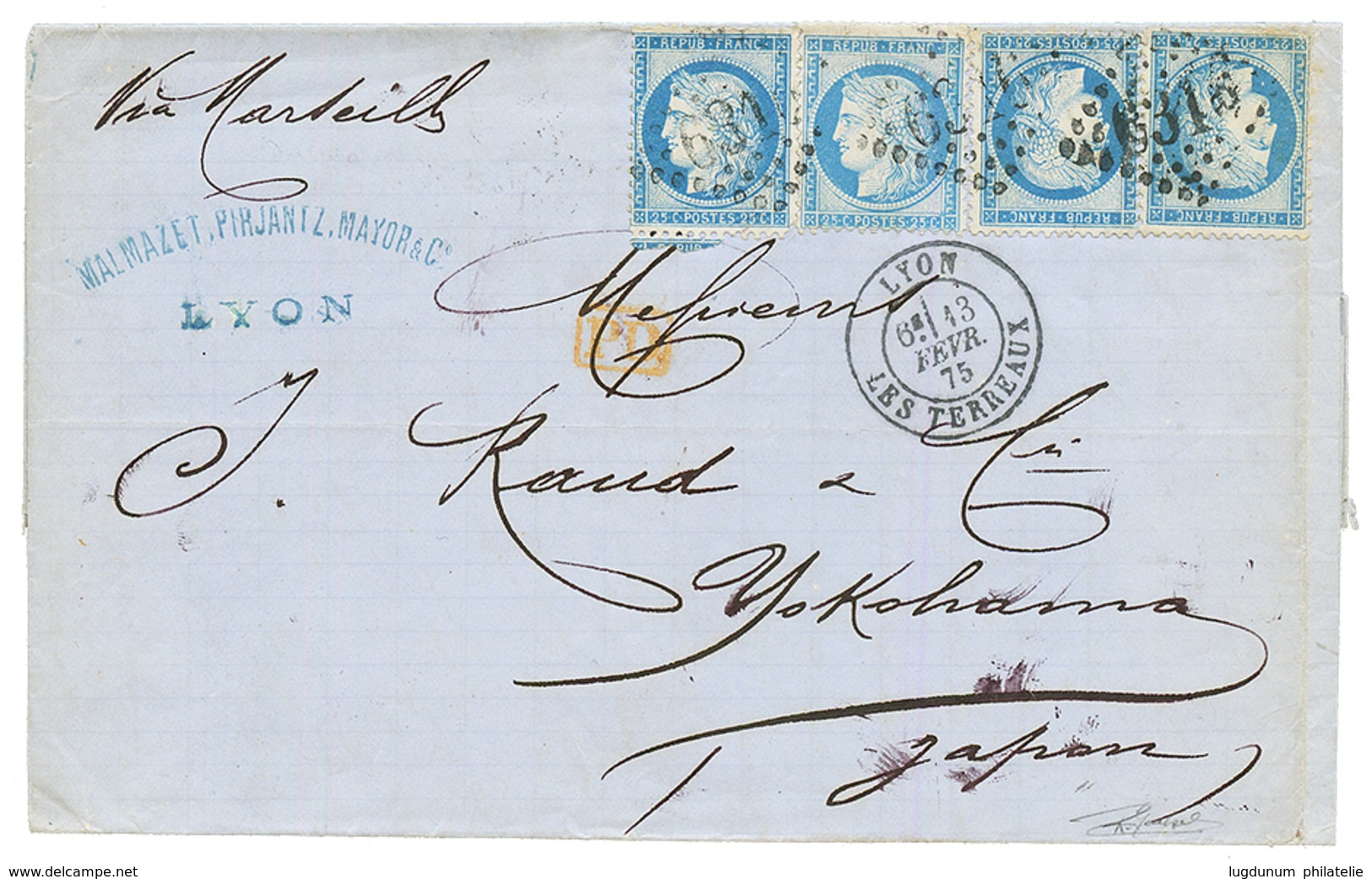 "1F Pour Le JAPON" : 1875 25c CERES(n°60)x4 Sur Lettre De LYON Pour YOKOHAMA. Verso, YOKOHAMA JAPON. TTB. - 1871-1875 Ceres