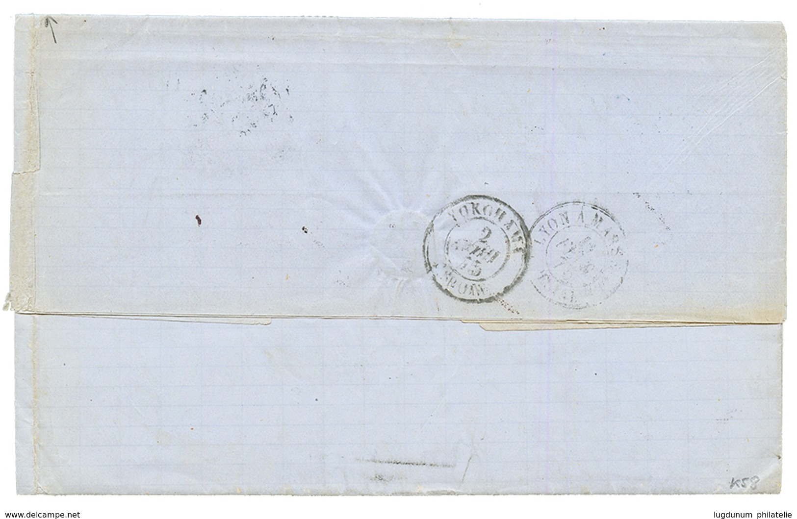 "1F Pour Le JAPON" : 1875 25c CERES(n°60)x4 Sur Lettre De LYON Pour YOKOHAMA. Verso, YOKOHAMA JAPON. TTB. - 1871-1875 Ceres