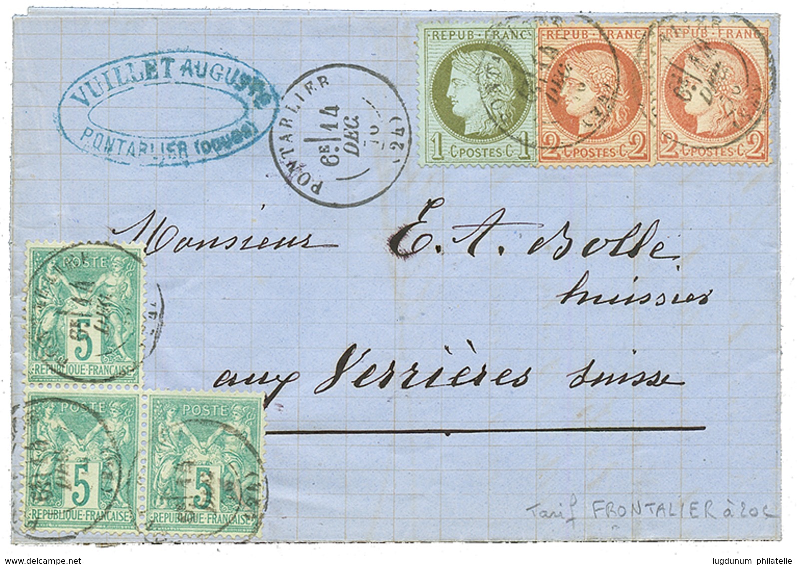 "TARIF FRONTALIER" : 1876 Mixte CERES 1c + 2c(x2) + 5c SAGE Type I (n°64)x3 Obl. PONTARLIER Sur Lettre Pour VERRIERES (S - 1871-1875 Ceres