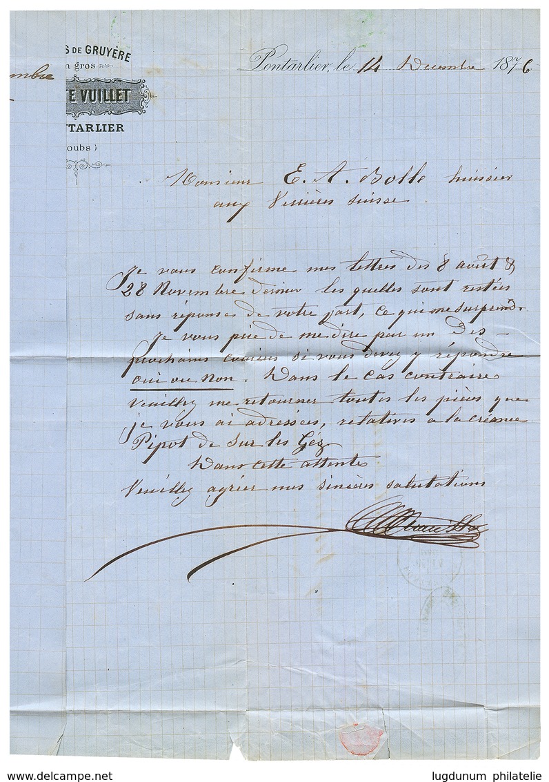 "TARIF FRONTALIER" : 1876 Mixte CERES 1c + 2c(x2) + 5c SAGE Type I (n°64)x3 Obl. PONTARLIER Sur Lettre Pour VERRIERES (S - 1871-1875 Ceres