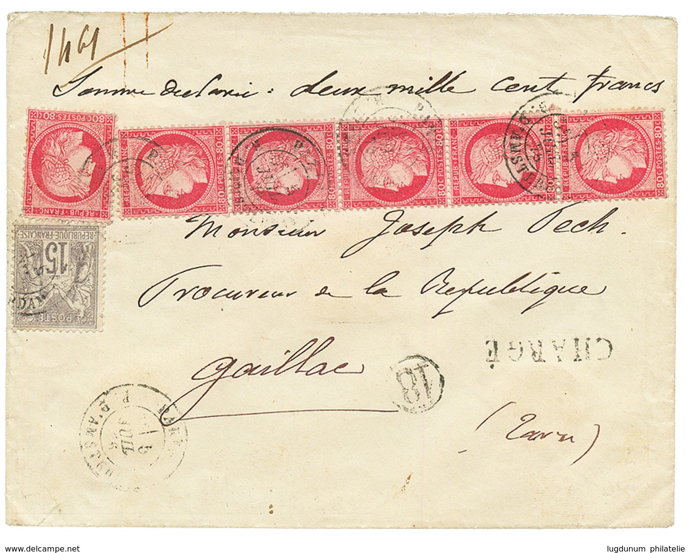 1876 CERES Bande De 5 Du 80c + Un Ex Du 80c + 15c SAGE (n°66) Obl. PARIS Sur Env. CHARGE (VD=2500F). TTB. - 1871-1875 Ceres