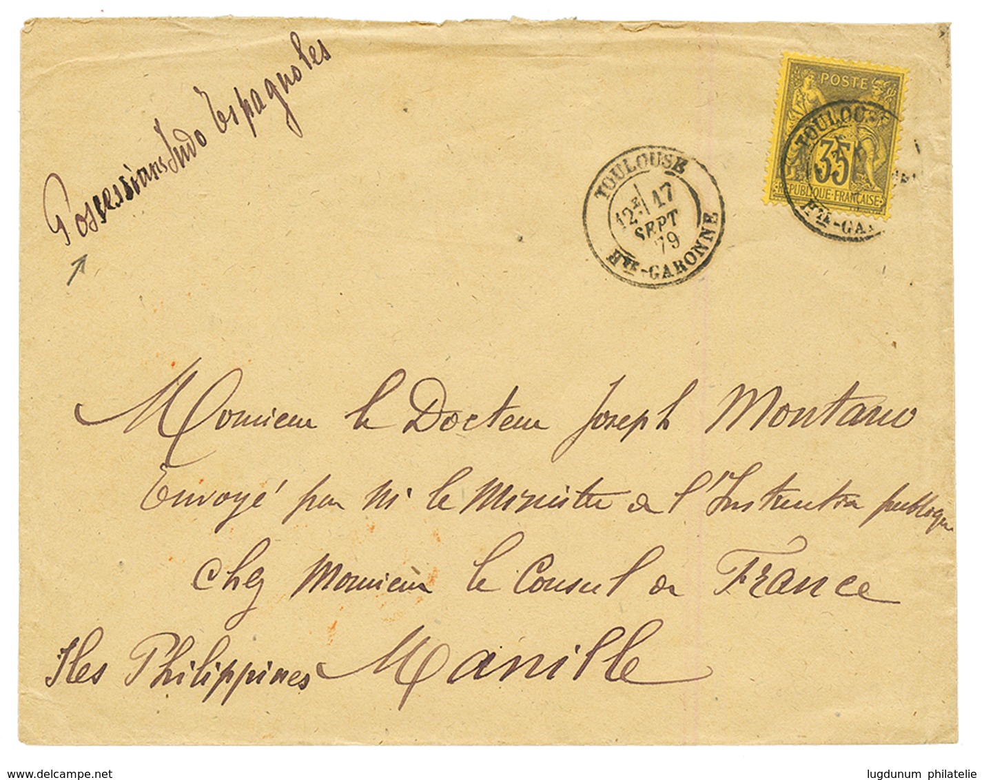 "Destination PHILIPPINES" : 1879 35c Obl. TOULOUSE Sur Enveloppe Pour MANILLE (POSSESSIONS ESPAGNOLES). Destination RARE - Otros & Sin Clasificación