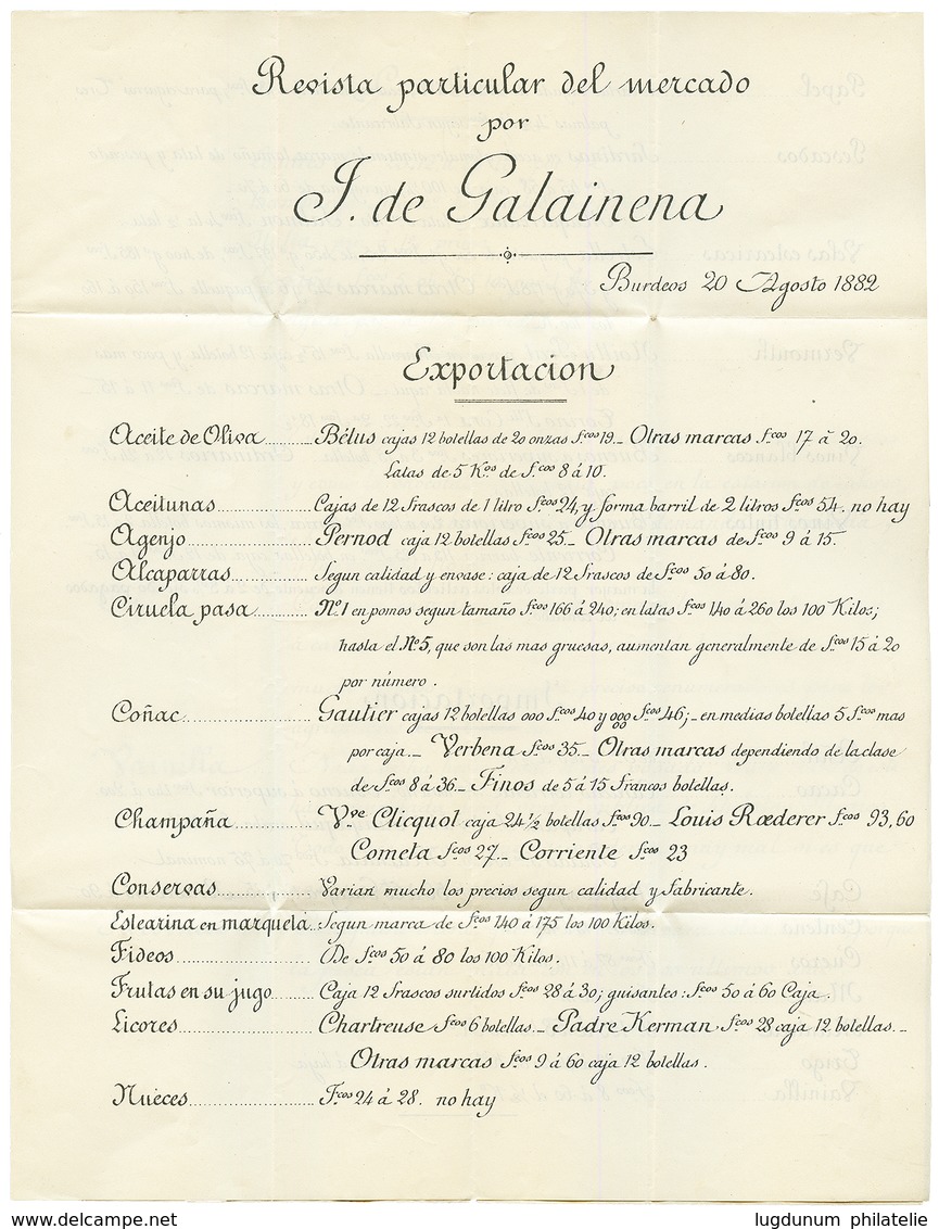 "Tarif IMPRIME Pour Le MEXIQUE" : 1882 5c SAGE Sur IMPRIME Complet De BORDEAUX Pour ZACATECAS (MEXIQUE). TB. - Otros & Sin Clasificación