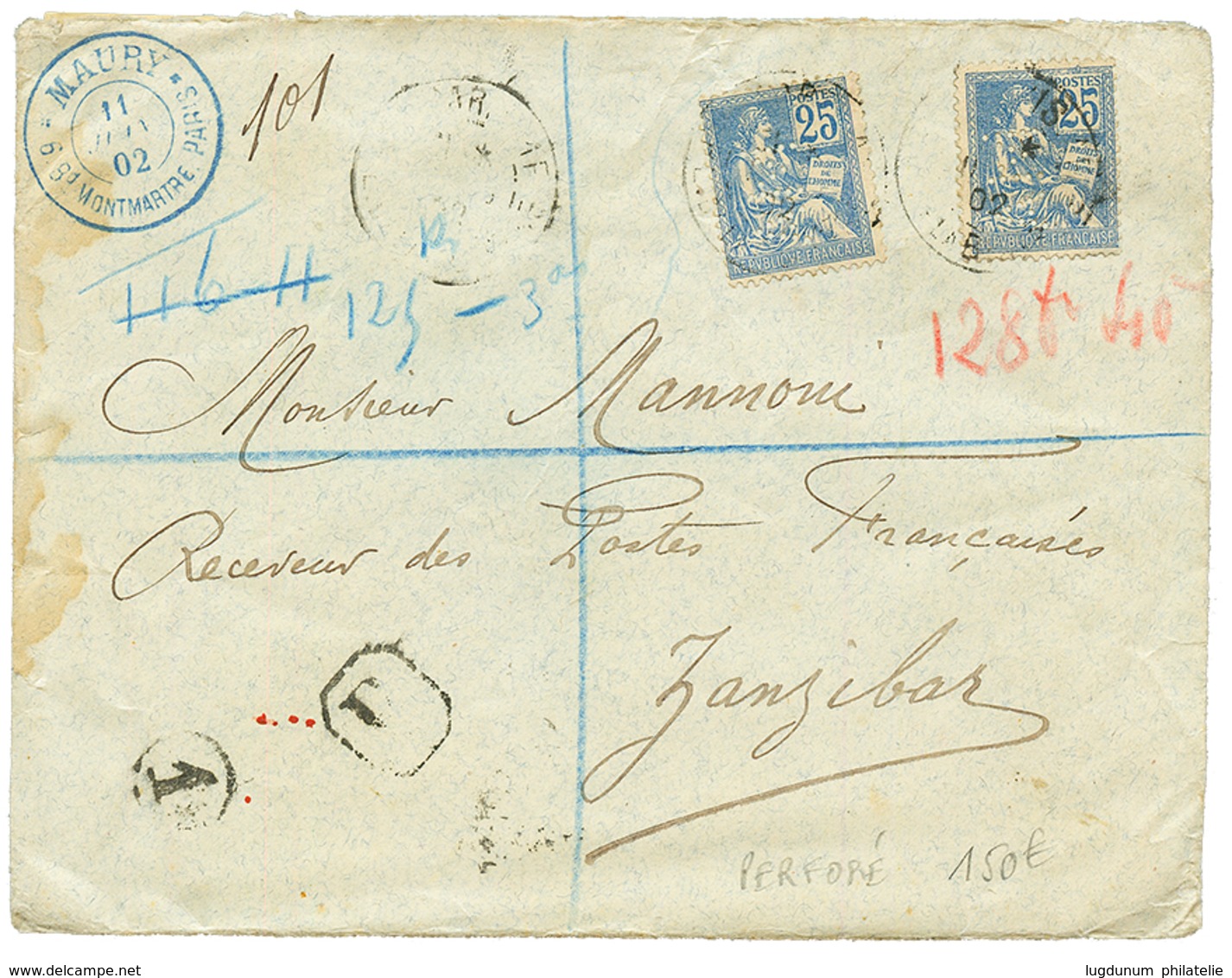 1902 25c MOUCHON Perforé (x2) Sur Env. RECOM. De PARIS Pour ZANZIBAR (arrivée Au Verso). TB. - Otros & Sin Clasificación