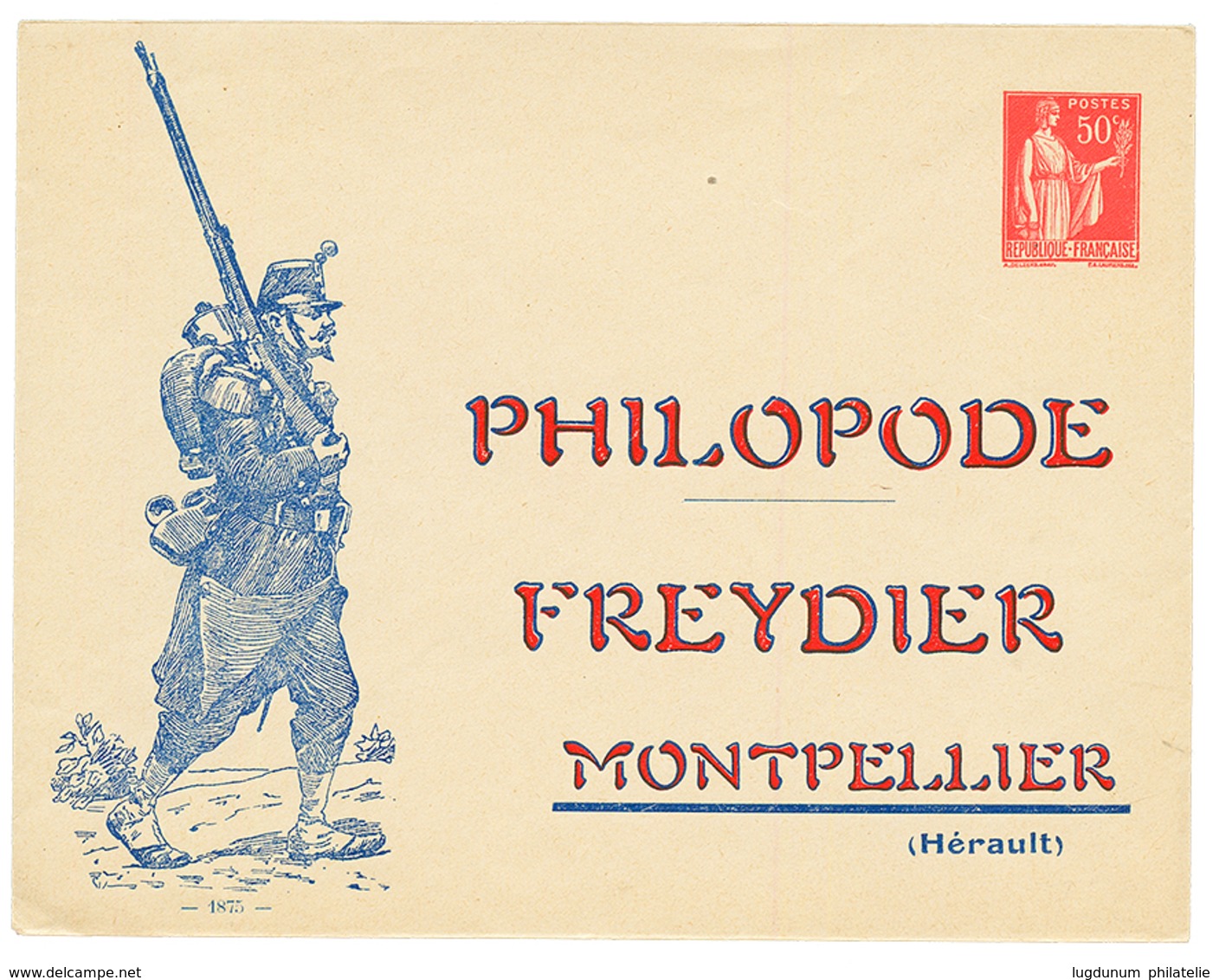 Type PAIX ENTIER POSTAL 50c Rouge Illustré "PHILOPODE FREYDIER MONTPELLIER". Superbe. - Otros & Sin Clasificación