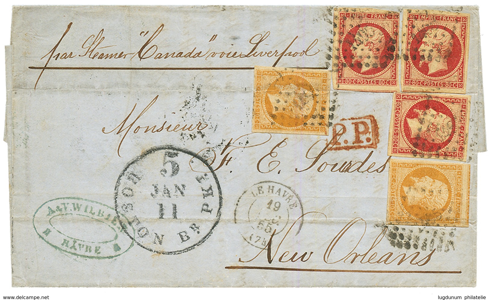 "2F60 Pour La LOUISIANE" : 1855 10c(n°13)x2 + 80c (n°17)x3 Sur Lettre Du HAVRE Via BOSTON Pour NEW ORLEANS. Des Defauts  - 1849-1876: Periodo Clásico