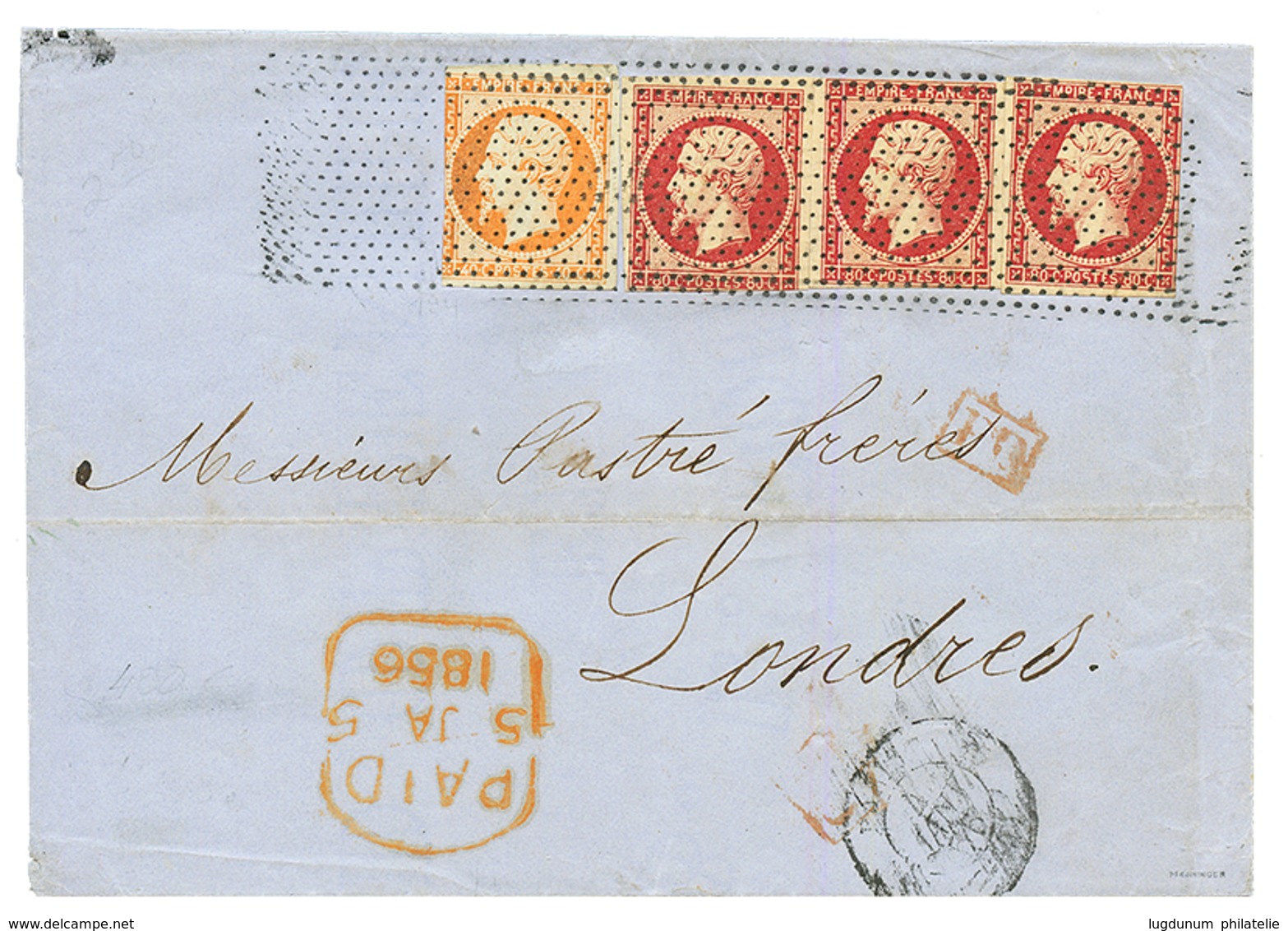 1856 40c(n°16) Pd + 80c(n°17) Bande De 3 Pd Obl. Rouleau De Pointillés Fins Sur Lettre De PARIS Pour LONDRES. TB. - 1849-1876: Periodo Clásico