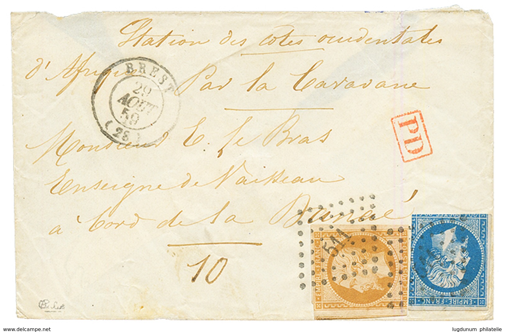 "COTE D' AFRIQUE OCCIDENTALES" : 1859 10c(n°13) Def + 20c(n°14) Def Obl. PC 511 + T.15 BREST Sur Env. "PAR LA CARAVANE"  - 1849-1876: Periodo Clásico