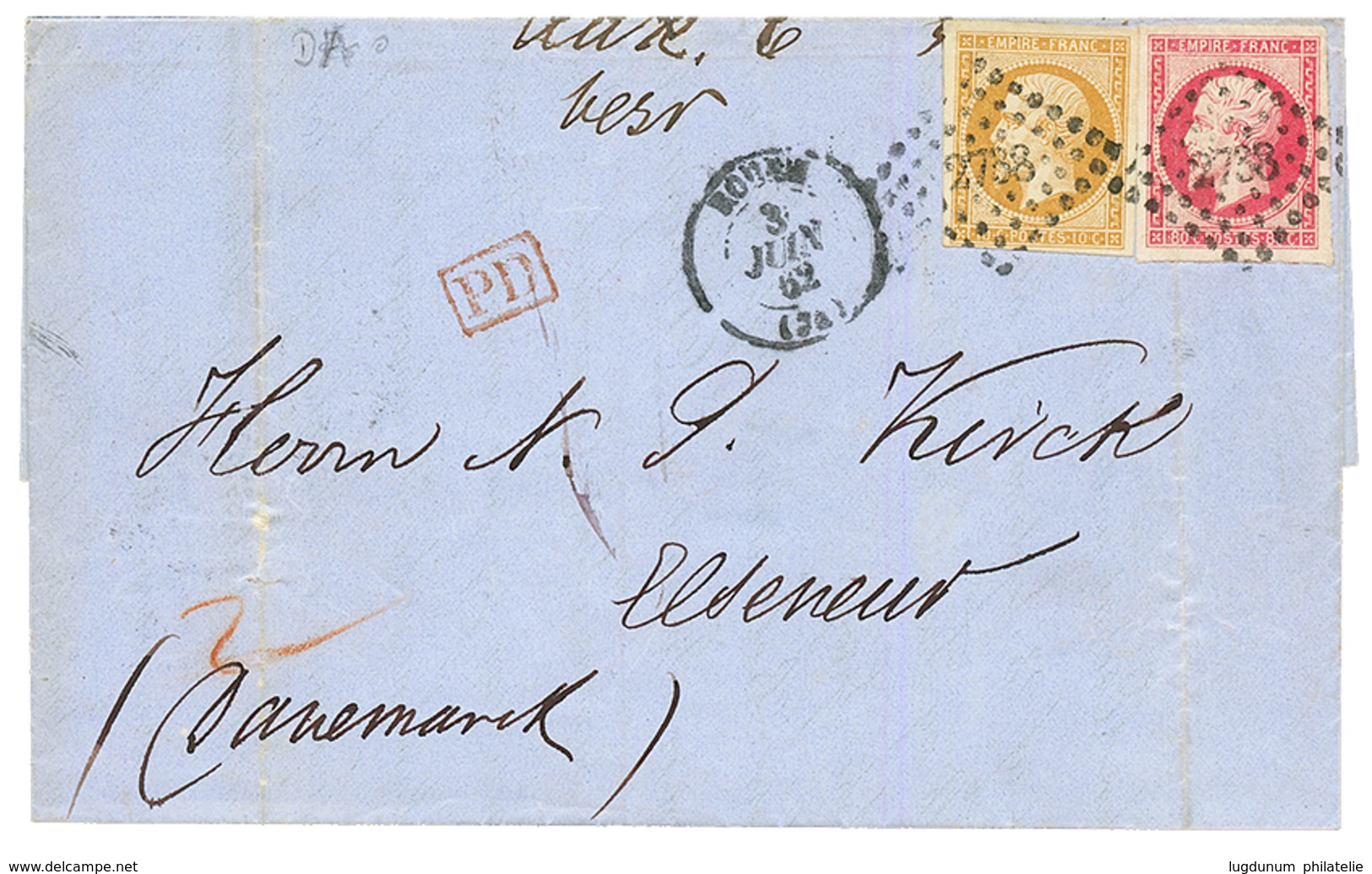 "90c Pour Le DANEMARK" : 1862 10c(n°13) + 80c (n°17) Pli Obl. PC 2738 + T.15 ROUEN Pour ELSENEUR (DANEMARK). TB. - 1849-1876: Periodo Clásico