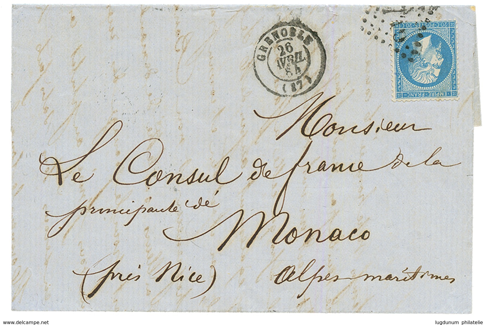 "MONACO" : 1864 20c(n°22) Sur Lettre De GRENOBLE Pour MONACO Avec Arrivée Au Verso. TB. - 1849-1876: Periodo Clásico