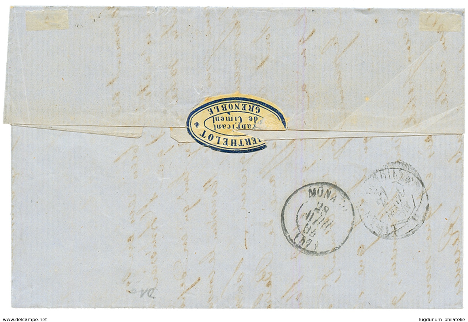 "MONACO" : 1864 20c(n°22) Sur Lettre De GRENOBLE Pour MONACO Avec Arrivée Au Verso. TB. - 1849-1876: Periodo Clásico