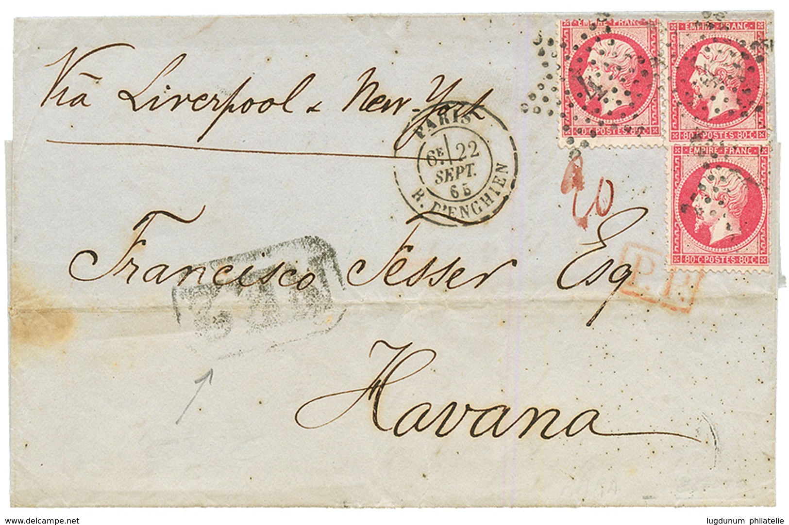 "2F40 Pour CUBA" : 1865 80c(n°24)x3 Sur Lettre De PARIS Pour LA HAVANE (CUBA). TB. - 1849-1876: Periodo Clásico