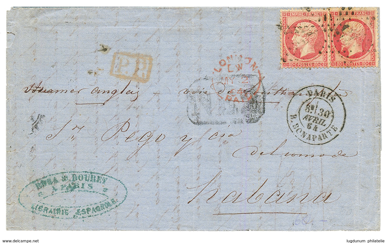 "1F60 Pour CUBA" : 1864 80c(n°24)x2 Sur Lettre De PARIS Pour LA HAVANE (CUBA). Pli Sur Un Timbre. TB. - 1849-1876: Periodo Clásico