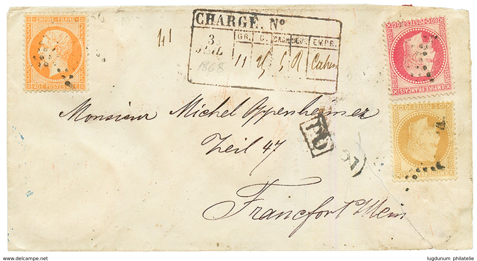 "CHARGE Pour L' ALLEMAGNE" : 1868 10c(n°28)+ 40c(n°23) + 80c(n°32) Sur Env. CHARGEE Pour FRANKFURT. TB. - 1849-1876: Periodo Clásico