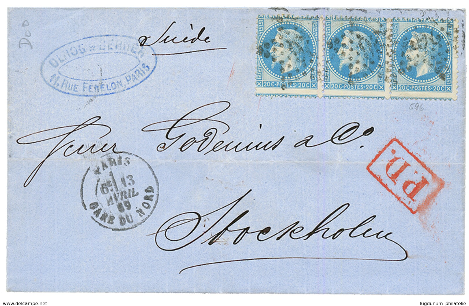 1869 20c (n°29) Bande De 3 Obl. Etoile + PARIS GARE DU NORD Sur Lettre Pour STOCKHOLM (SUEDE). TTB. - 1849-1876: Periodo Clásico