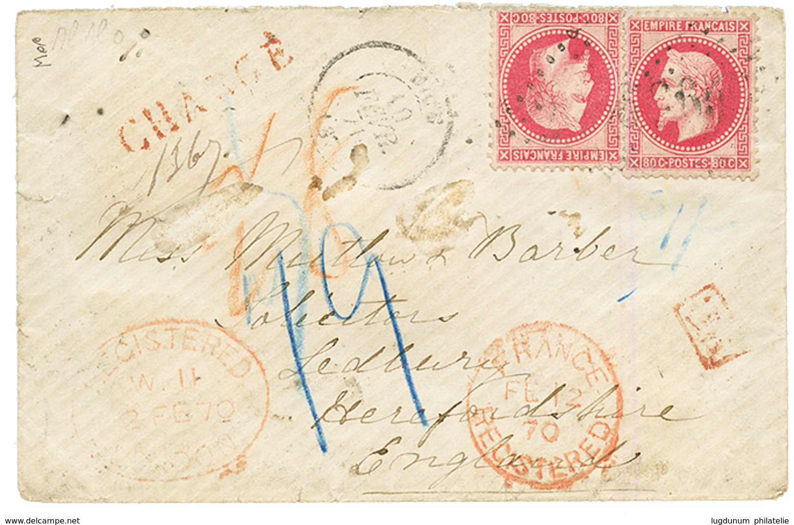 1870 80c (n°32)x2 + CHARGE + FRANCE REGISTERED Rouge Sur Enveloppe Pour L' ANGLETERRE. TB. - 1849-1876: Periodo Clásico