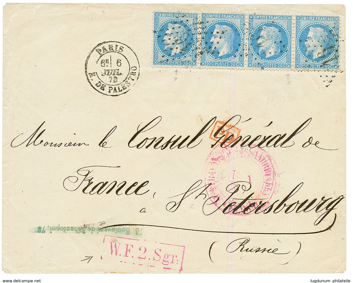 1870 20c (n°29 Bande De 4 + W.F.2 Sgr Encadré Sur Env. De PARIS Pour ST PETERSBURG (RUSSIE). TTB. - 1849-1876: Periodo Clásico