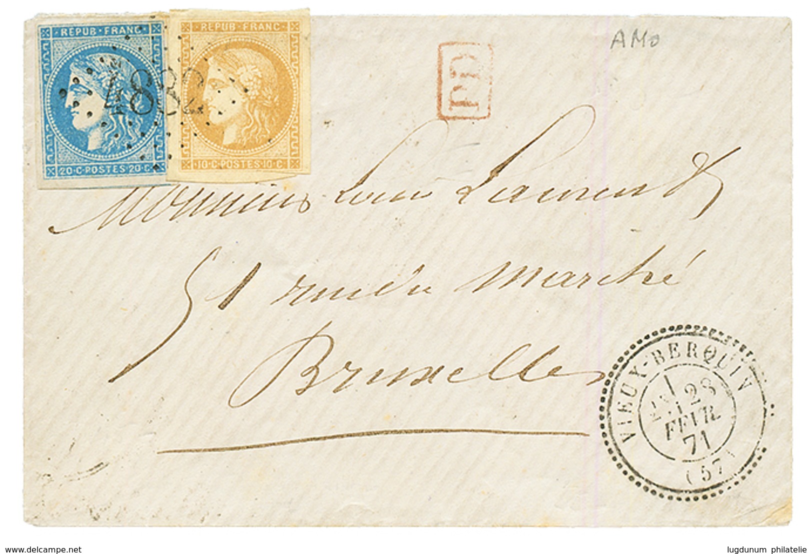 1871 BORDEAUX 20c (n°45) + 10c (n°43) Pd Obl. GC 4882 + T.24 VIEUX- BERQUIN , Pour La BELGIQUE. TTB. - 1849-1876: Periodo Classico