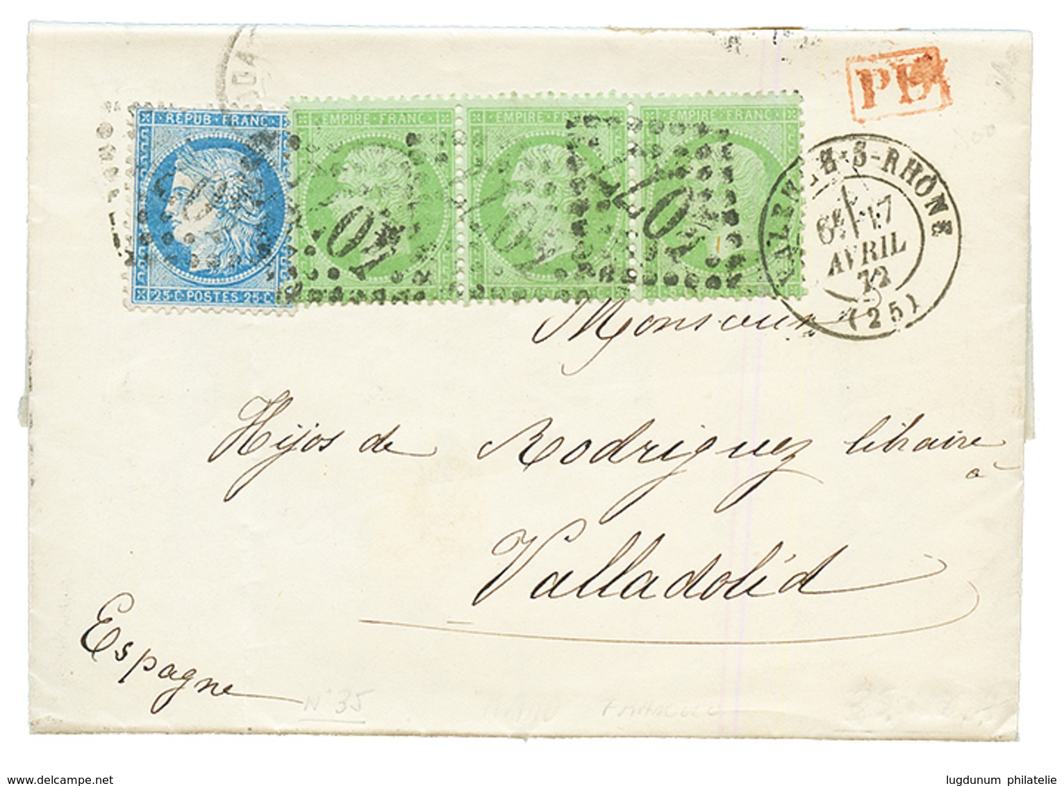 1872 5c EMPIRE Bande De 3 + 25c CERES Obl. GC 4077 + VALENCE-S-RHONE Pour VALLADOLID (ESPAGNE). TTB. - 1849-1876: Periodo Clásico