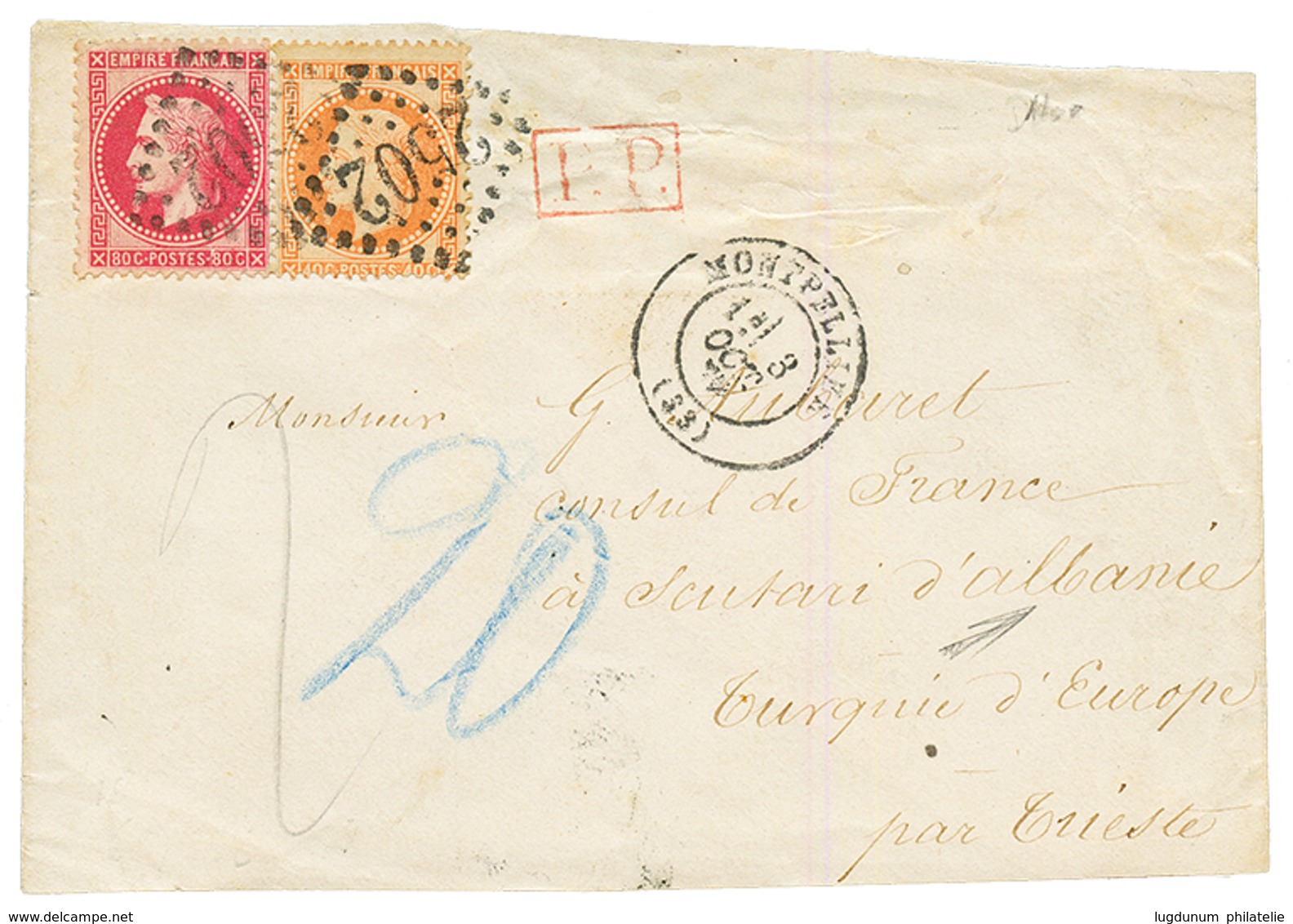 "1F20 Pour L' ALBANIE" : 40c(n°31) + 80c (n°32) Obl. GC 2502 + T.17 MONTPELLIER Sur Env(pd) Pour SCUTARI D' ALBANIE. Des - 1849-1876: Periodo Clásico