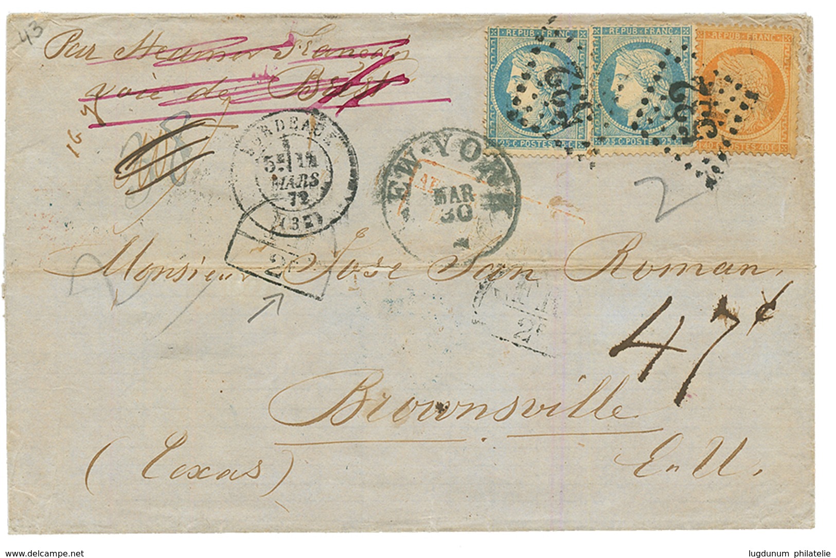 1872 40c SIEGE (n°38) + 25c(n°60)x2 + Marque D' Echange FR/2F Sur Lettre Taxée Pour Le TEXAS (USA). TB. - 1849-1876: Klassik