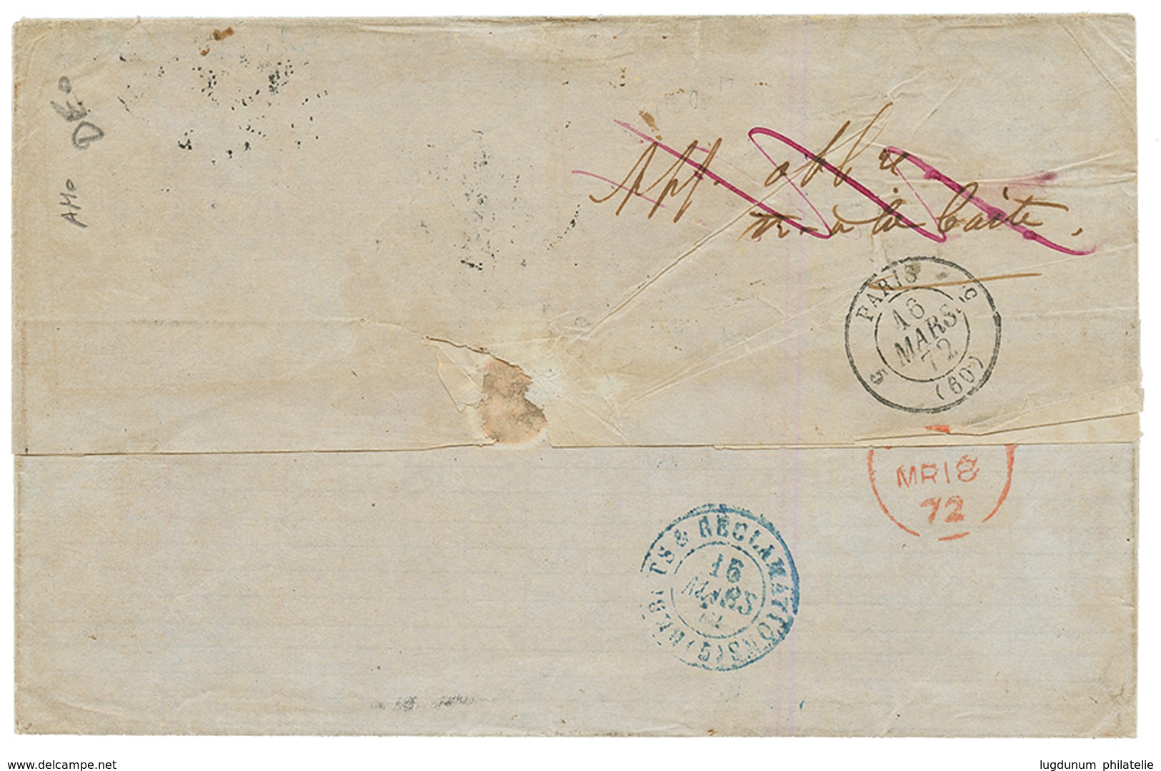 1872 40c SIEGE (n°38) + 25c(n°60)x2 + Marque D' Echange FR/2F Sur Lettre Taxée Pour Le TEXAS (USA). TB. - 1849-1876: Periodo Clásico