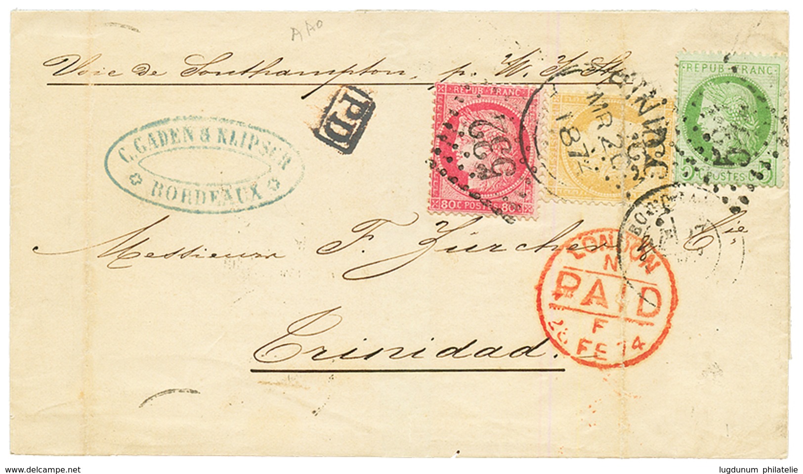 "Tricolore Pour TRINIDAD" : 1874 CERES 5c + 15c(pd) + 80c Sur Lettre De BORDEAUX Pour TRINIDAD. TB. - 1849-1876: Periodo Clásico