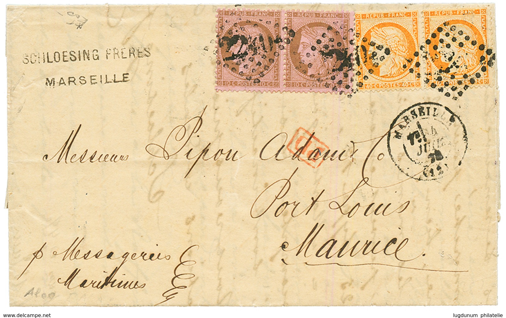 "1F Pour L' ILE MAURICE" : 1874 CERES Paire 10c + Paire 40c SIEGE , De MARSEILLE Pour MAURICE. TB. - 1849-1876: Periodo Clásico