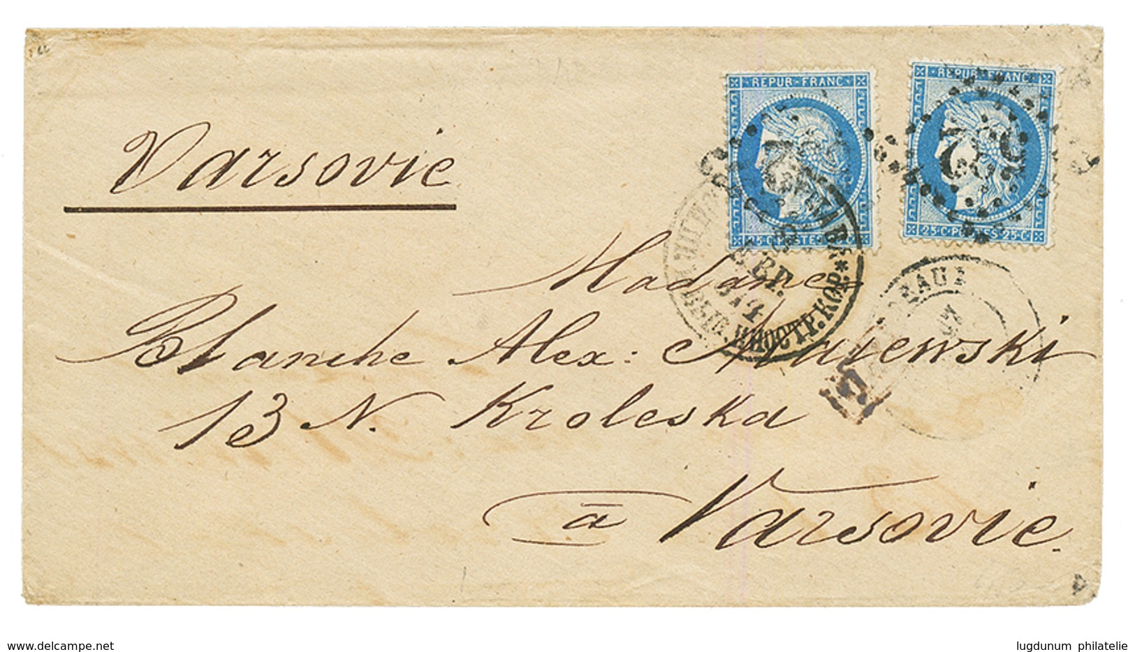 "POLOGNE" : 1874 25c (n°60)x2 Sur Lettre De BORDEAUX Pour VARSOVIE. TB. - 1849-1876: Periodo Clásico