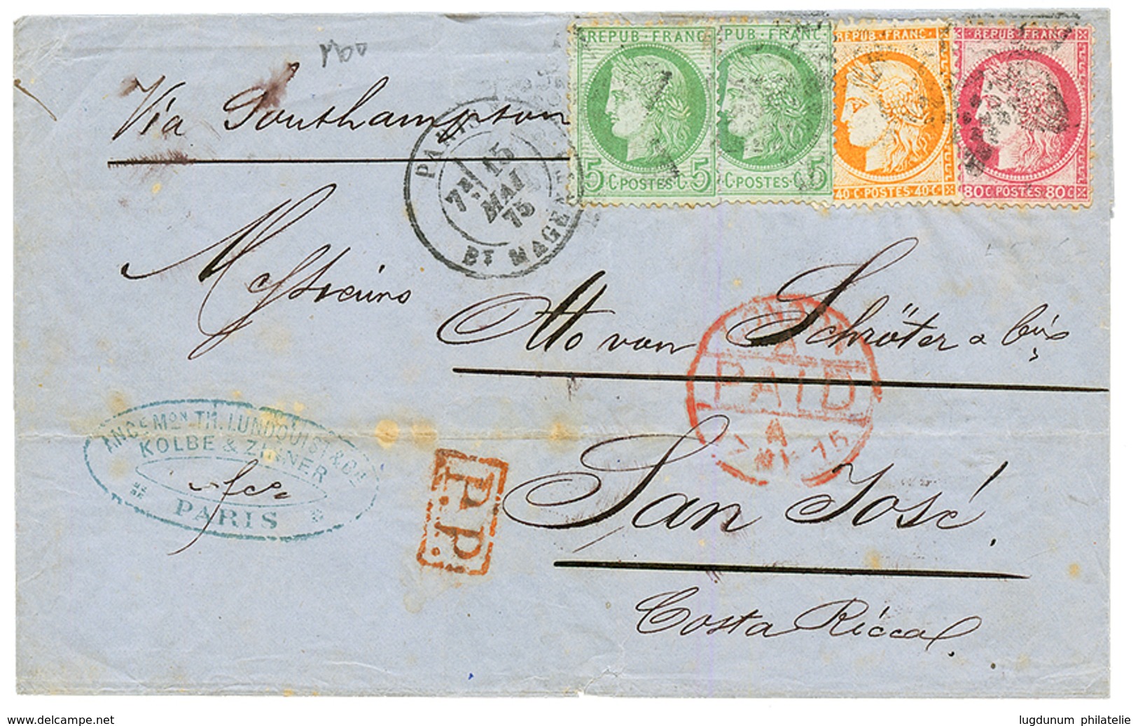 "COSTA RICA" : 1875 CERES 5c(x2) + 40c + 80c Sur Lettre (pd) De PARIS Pour SAN JOSE COSTA-RICA. TB. - 1849-1876: Periodo Clásico